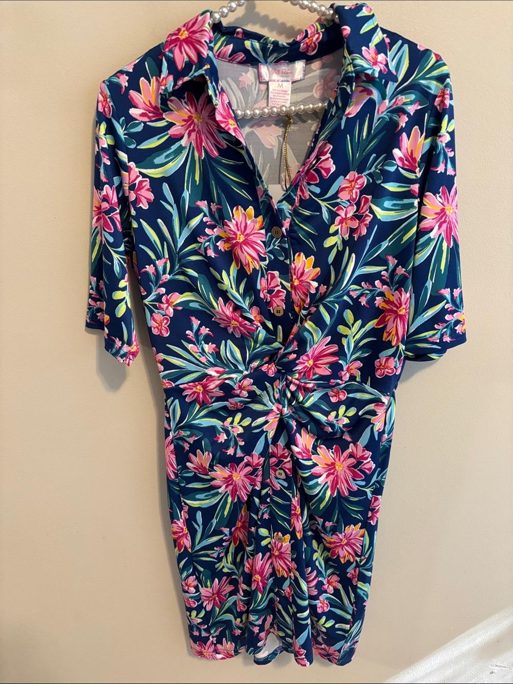 NEW Stella Parker Twist Front UPF Shirt Dress Medium Pink Blue Floral Resort